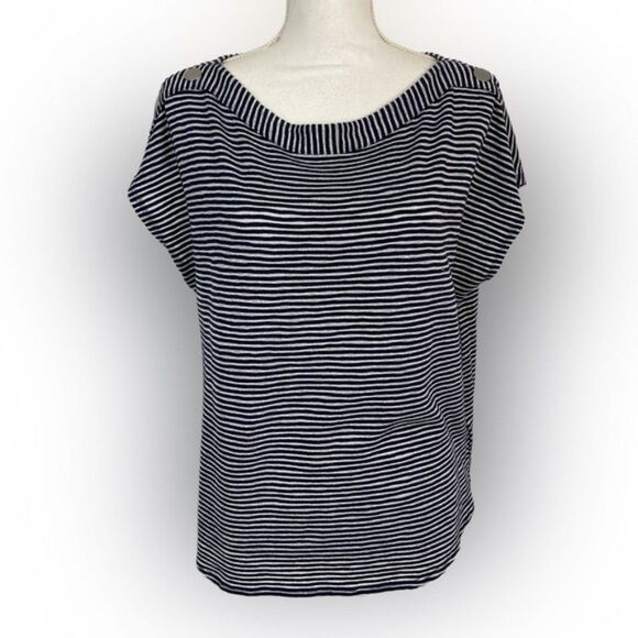 JONES NEW YORK SIGNATURE Top XL Blue White Stripe Bateau Neck Casual Shirt - Picture 1 of 7